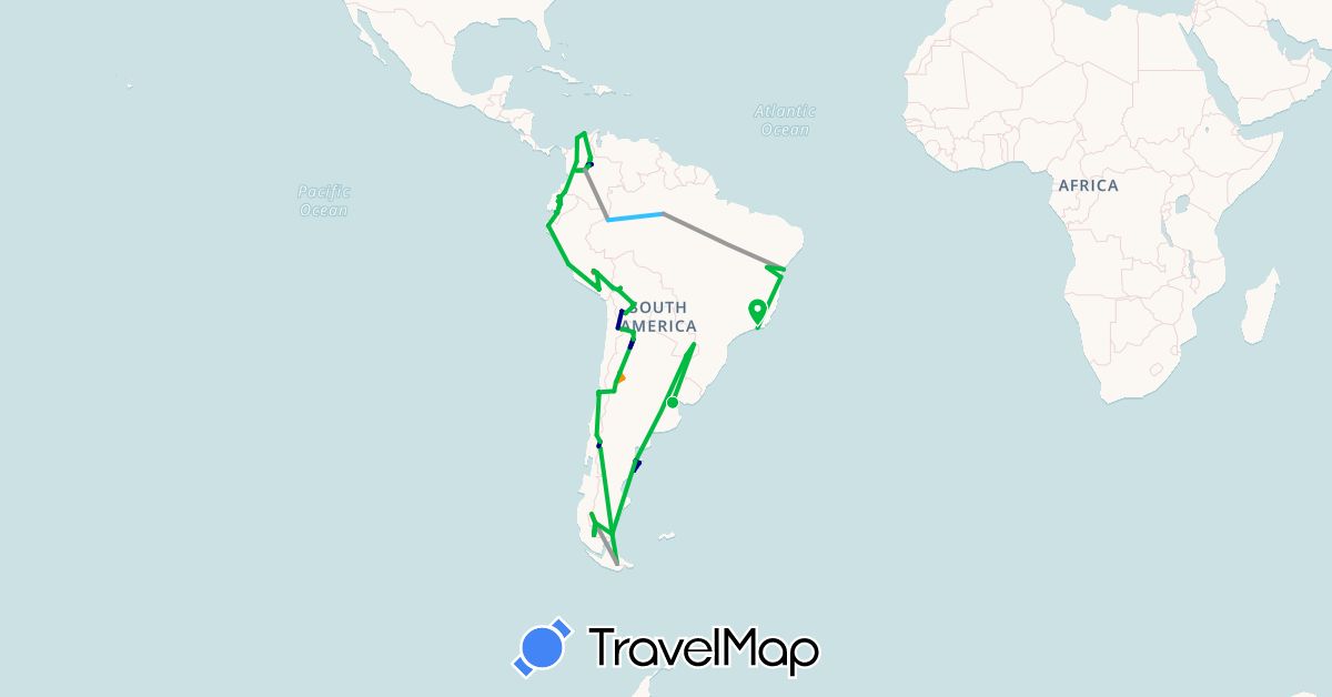 TravelMap itinerary: driving, bus, plane, hiking, boat, hitchhiking, motorbike in Argentina, Bolivia, Brazil, Chile, Colombia, Ecuador, Peru, Paraguay (South America)